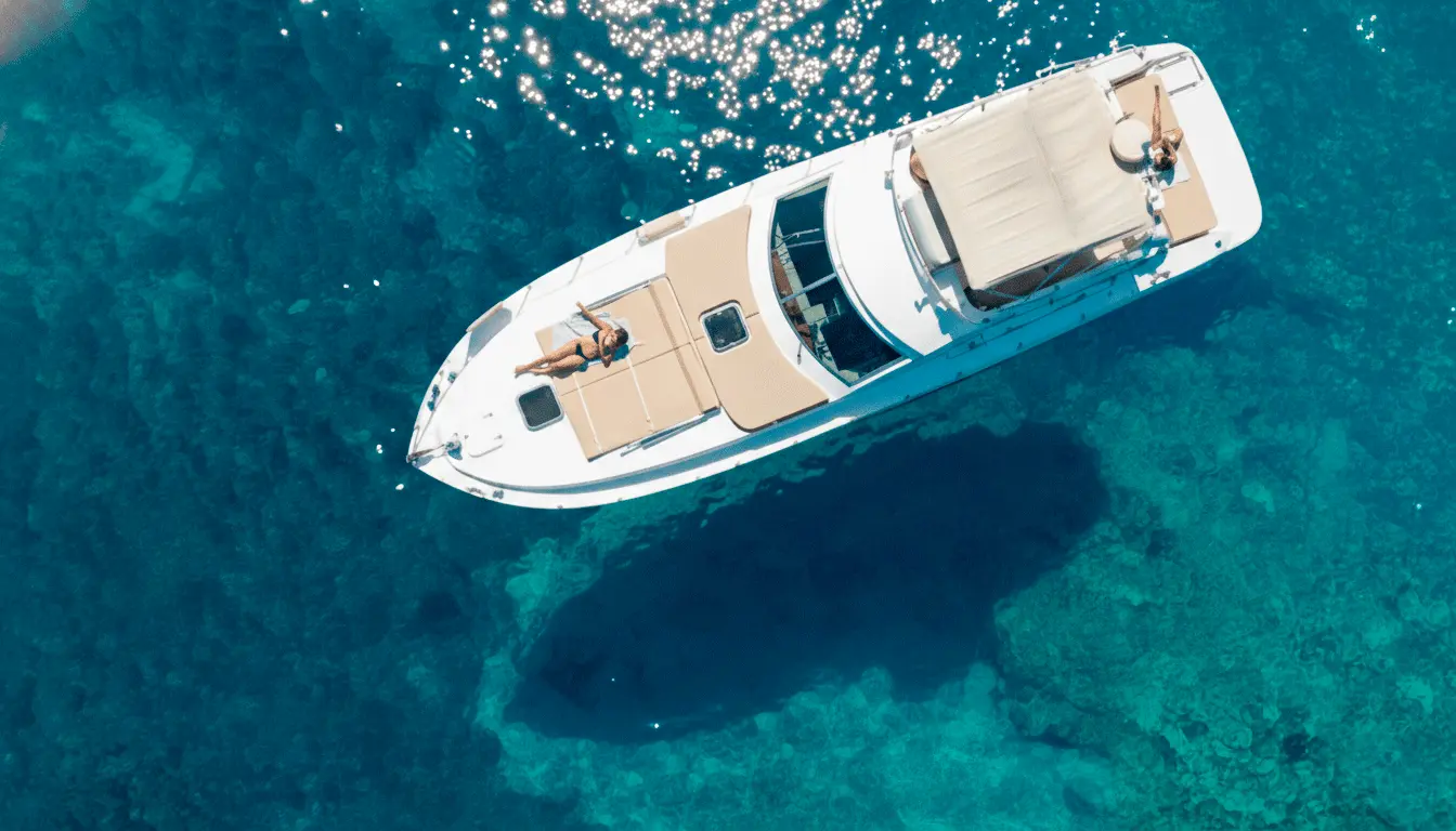 The Egadi Boats boat at anchor in a cove in the Egadi Islands