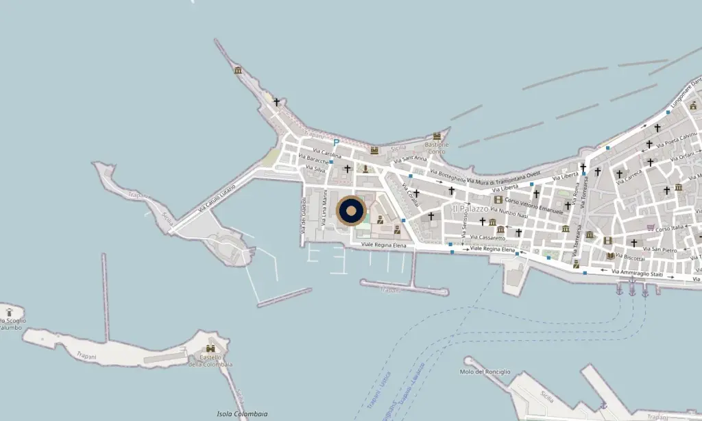 Map of Trapani showing Egadi Boats near the small harbour on Viale Regina Elena